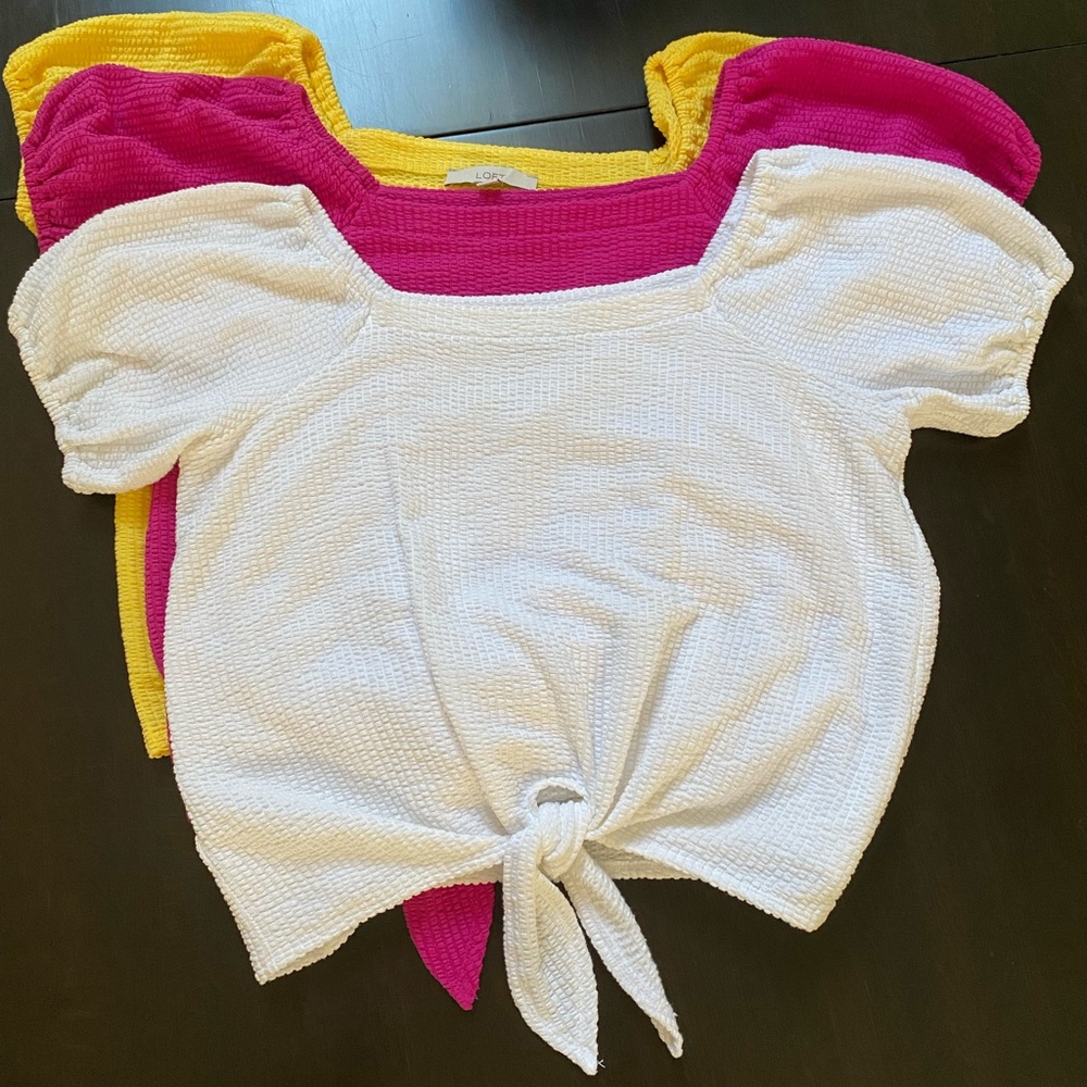 Lot of 3 LOFT NWOT Knit Tops in Bright Yellow, Pink, and White. NEVER WORN